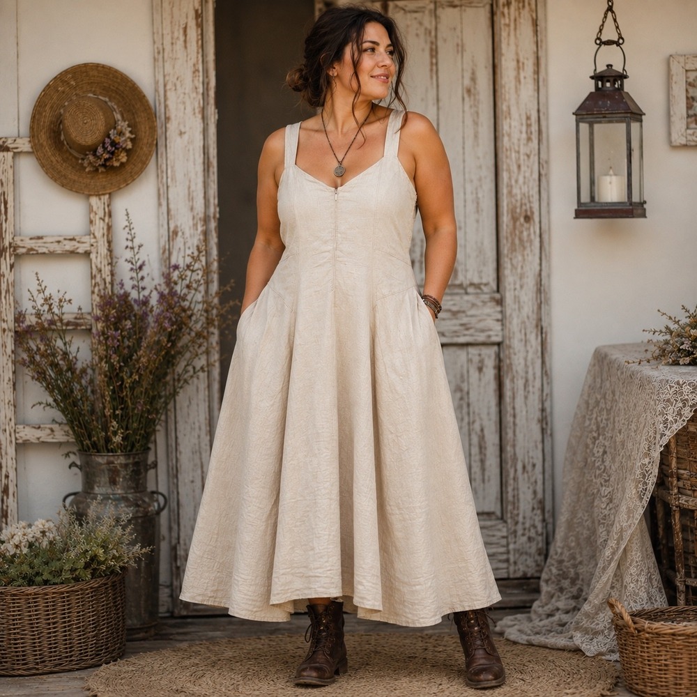 Loft Linen Blend A-Line Maxi Dress Women 14 Oatmeal Praire Lagenlook Minimalist